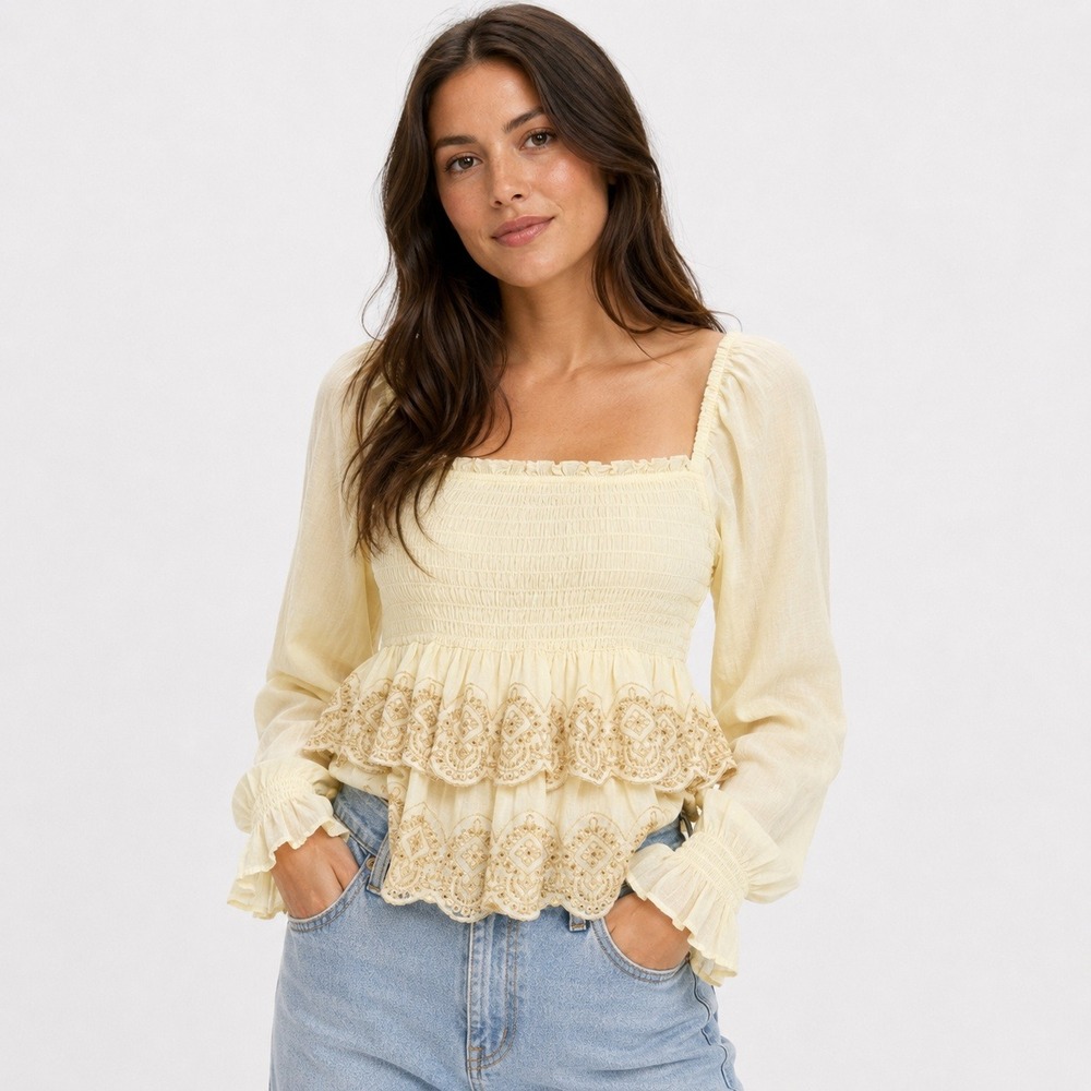 American Eagle Smocked Embroidered Peplum Top Womens Small Cream Boho Romantic